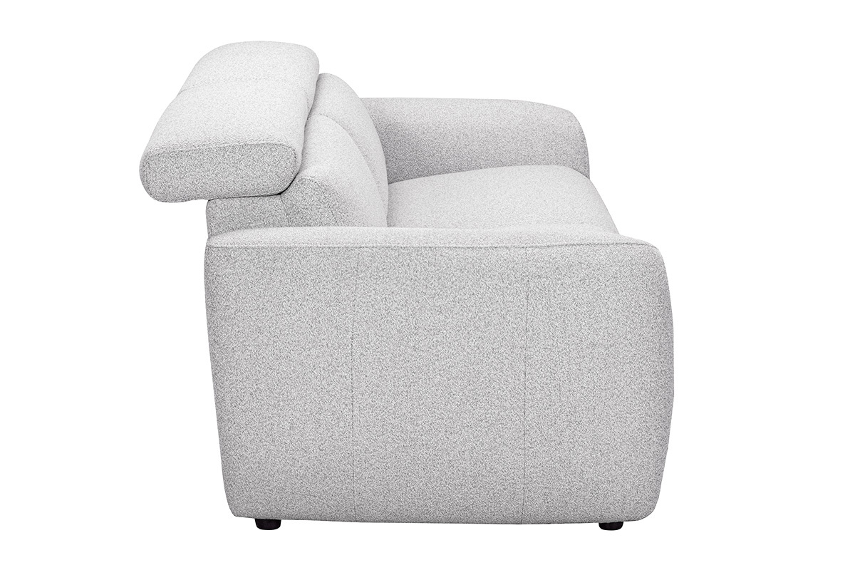 Graues 3-Sitzer-Elektrosofa in Seitenansicht, mit verstellbaren Kopfst�tzen und Fu�st�tzen.
