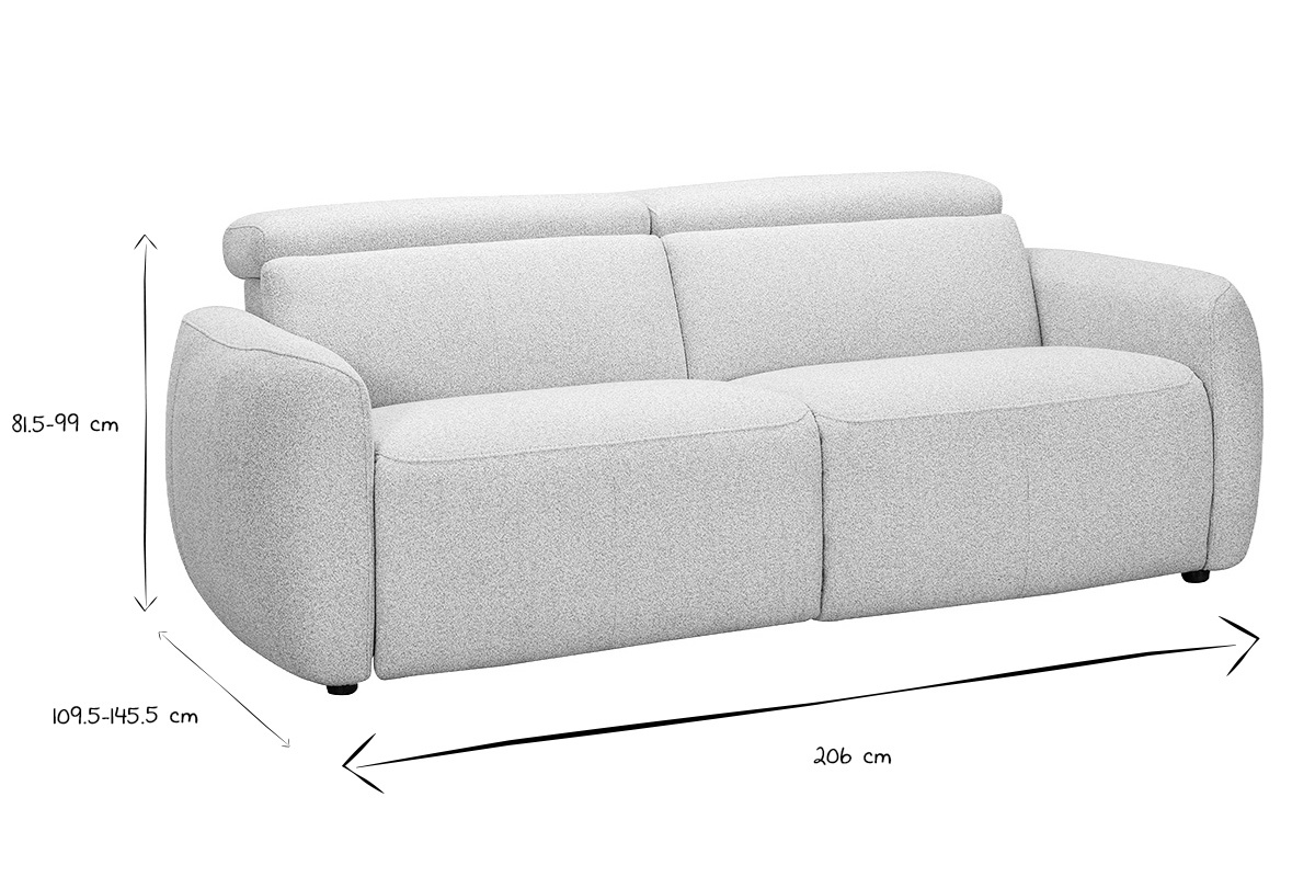 Abmessungen des elektrischen 3-Sitzer-Sofas in Schwarz und Wei�, B206 x T109,5-145,5 x H81,5-99 cm.