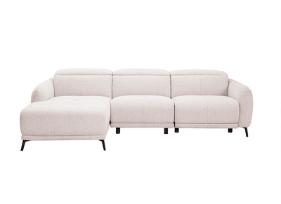 Elektrisches linksseitiges Ecksofa 3-4 Pl&auml;tze mit verstellbaren Kopfst&uuml;tzen und Fu&szlig;st&uuml;tzen aus strukturiertem Samteffekt-Stoff in Beige und Metall TIGNES