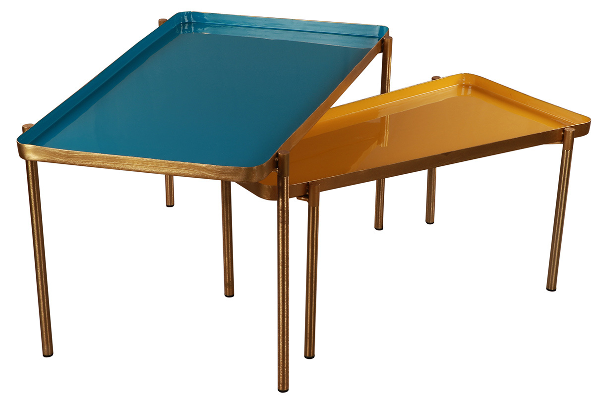 Entenblau und senffarben lackierte Verschachtelungs-Couchtische (2er-Set) ZURIA