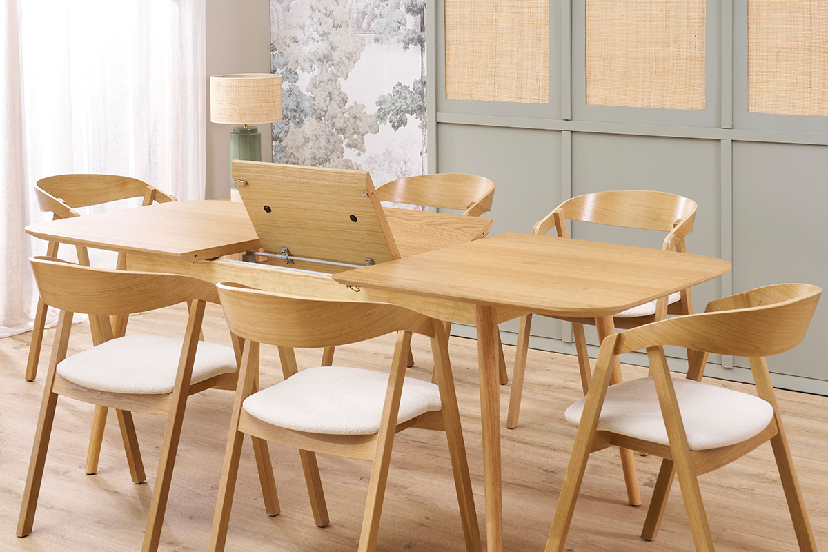 Erweiterbarer Tisch mit integrierten Verlngerungen rechteckig aus hellem Holz mit Eichenfurnier B160-210 cm ANK