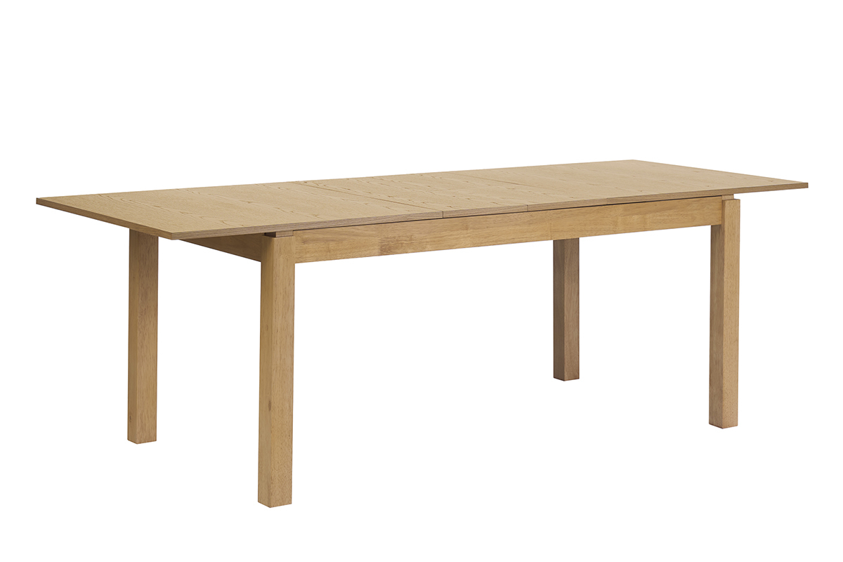 Ausziehbarer Esstisch aus hellem Eichenholz in 3/4-Ansicht, Ma�e L170-230 cm.