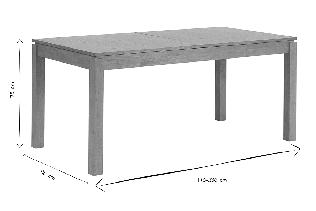 Abmessungen des ausziehbaren Tisches SYLVA L170-230 cm in Schwarz und Wei�, L�nge 170-230 cm, Breite 90 cm, H�he 75 cm.