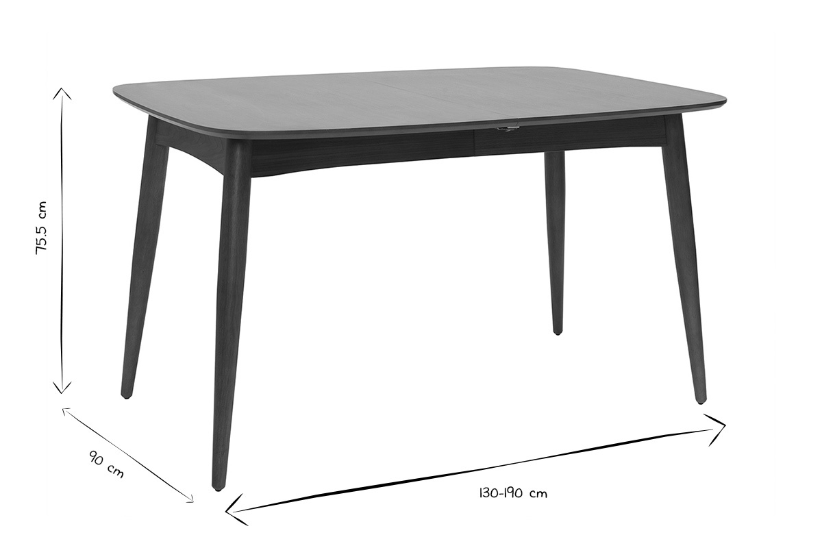 Ma�e des ausziehbaren Esstischs NORDECO in Schwarz und Wei�, B130-190 cm, H75,5 cm, T90 cm