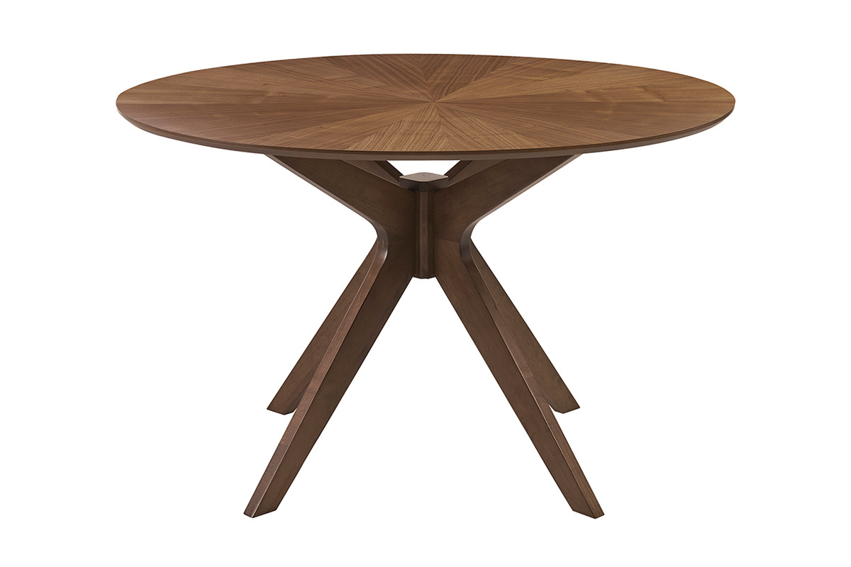 Runder Esstisch aus Nussbaum mit berkreuzten Beinen, Seitenansicht.