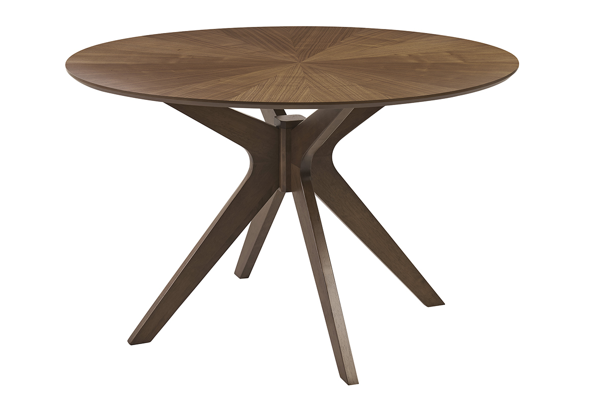 Runder Walnuss-Esstisch mit berkreuzten Beinen in 3/4 Ansicht.