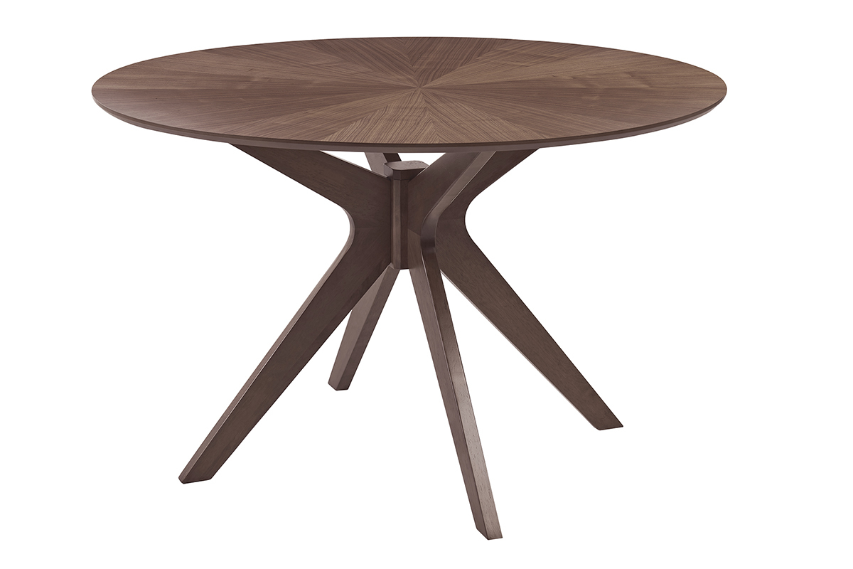 Runder Walnusstisch DIELLI mit massivem Hevea-Gestell, Ansicht von 3/4.