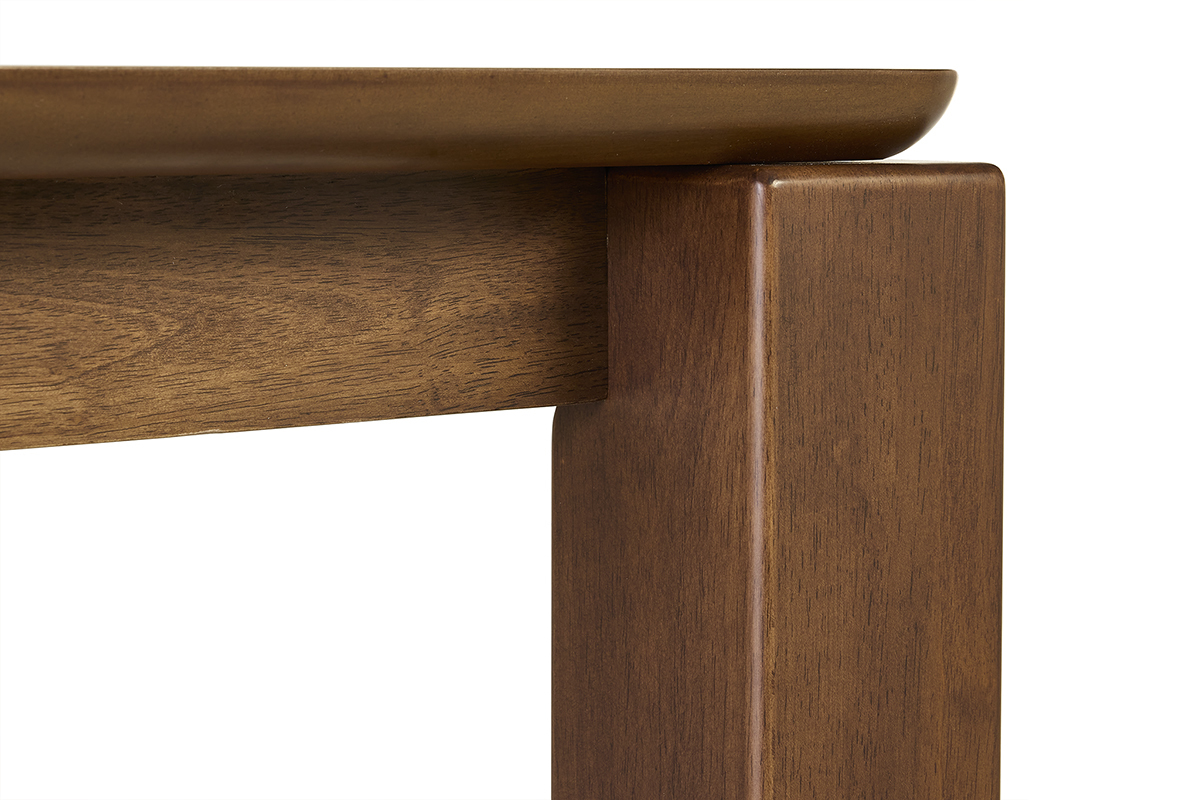 Quadratischer Esstisch aus dunklem Holz, Detailansicht der Tischplatte und eines Beins.