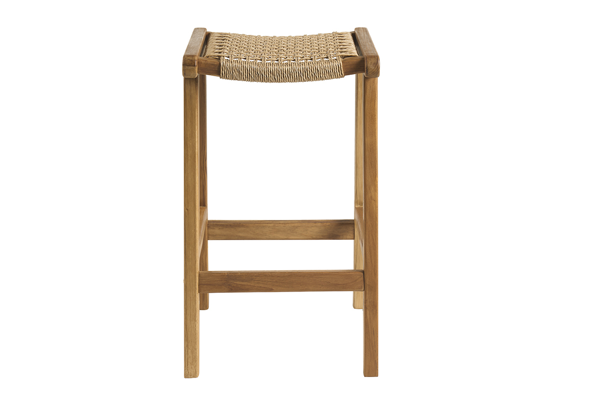 Barhocker aus Teakholz mit Sitzfl�che aus Rattan, Frontansicht.