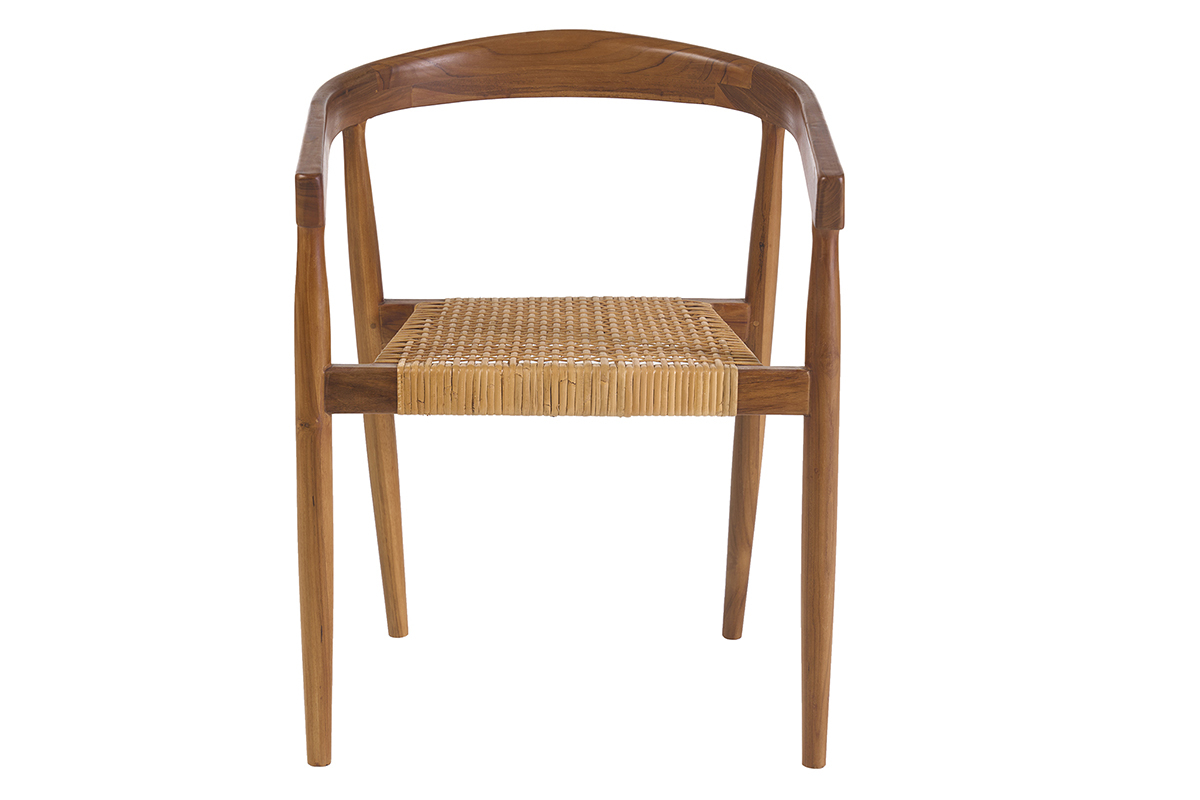 Ethnischer Stuhl aus massivem Teakholz mit Sitzfl�che aus Rattan, Frontansicht.