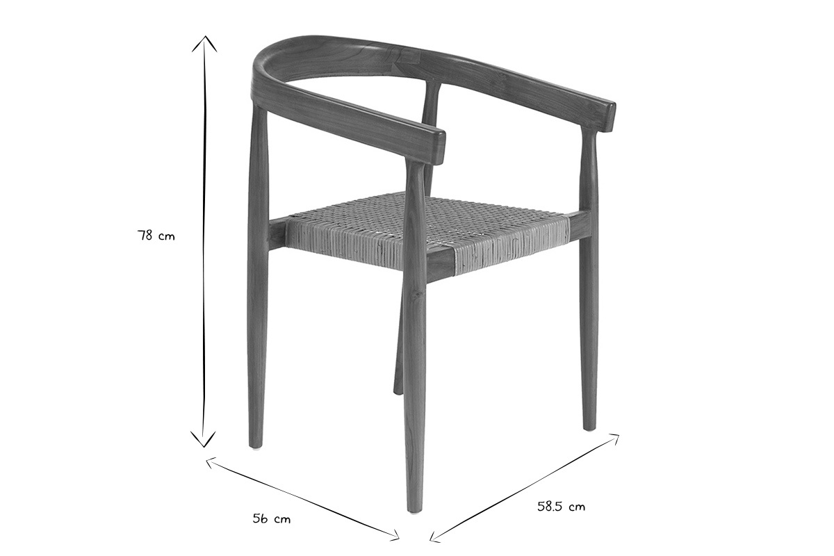 Abmessungen des ethnischen Stuhls aus massivem Teakholz und Rattan-Geflecht, 78 cm hoch, 56 cm und 58,5 cm breit.