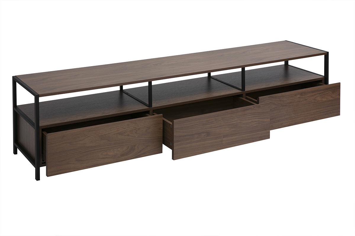 Dunkles Holzm�bel und schwarzes Metall TV-M�bel mit offenen Schubladen, 3/4 Ansicht.