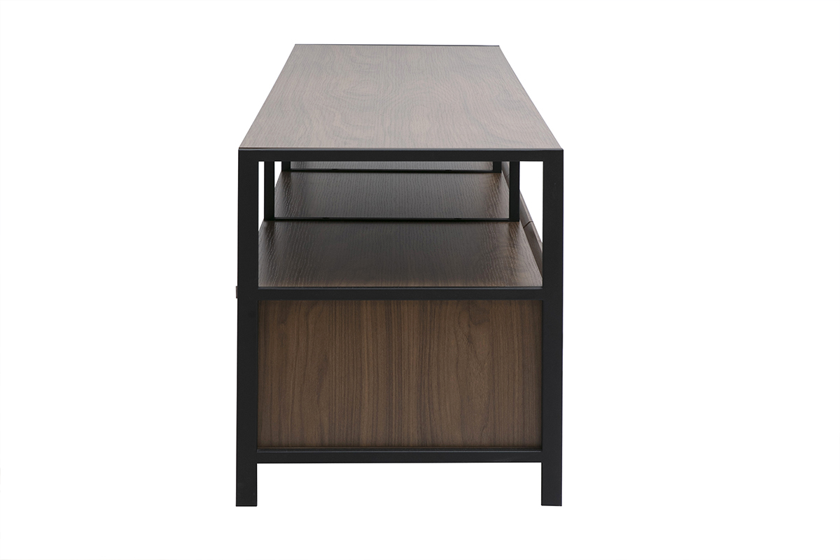 TV-M�bel MAXENCE Seitenansicht, dunkles Holzgestell und schwarzes Metall.