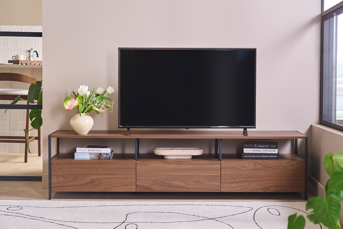 Fernsehm�bel in dunkler Walnuss-Holzoptik und schwarzem Metall L180 cm MAXENCE