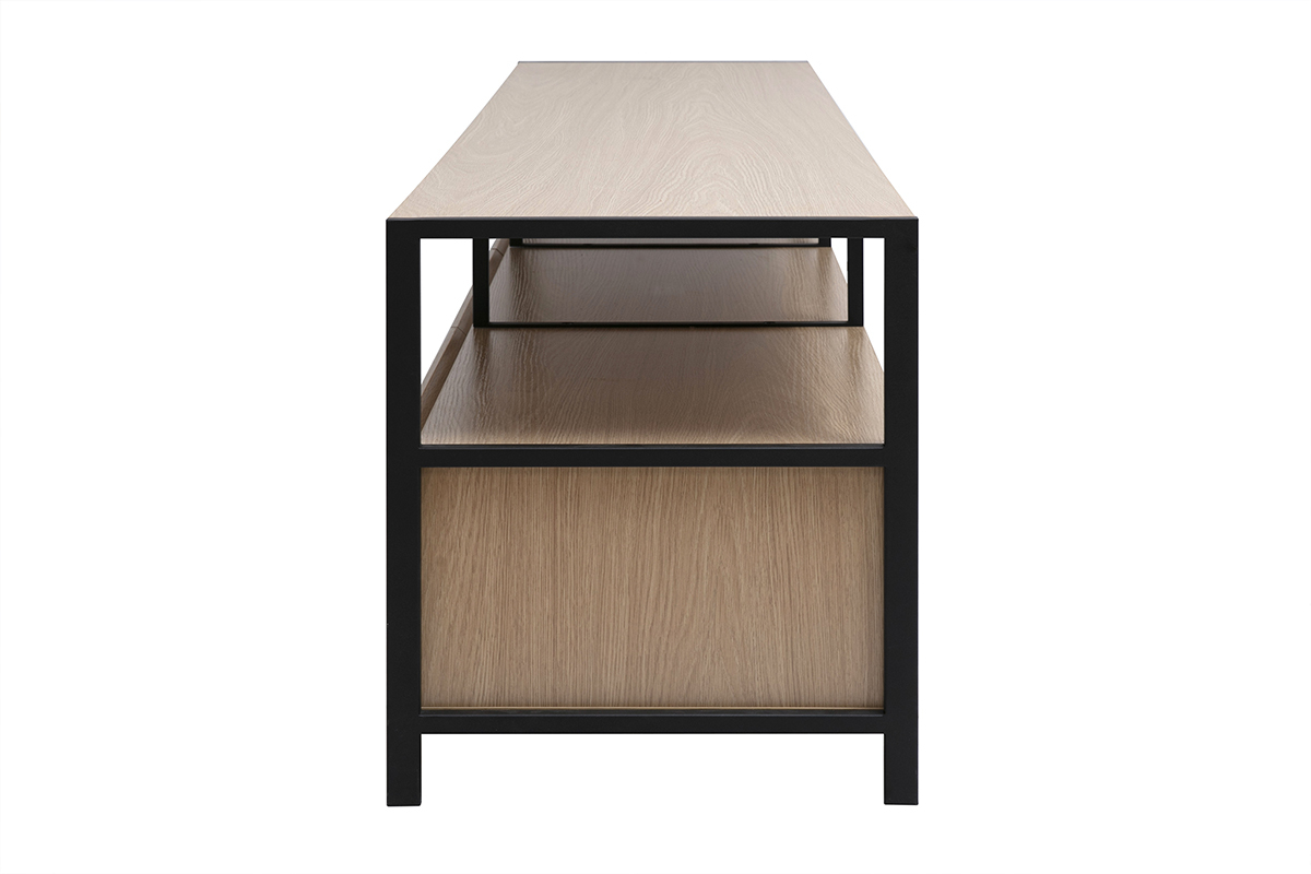 Seitenansicht des TV-Mbels mit heller Holzoberflche und schwarzem Metall, mit offener Struktur.