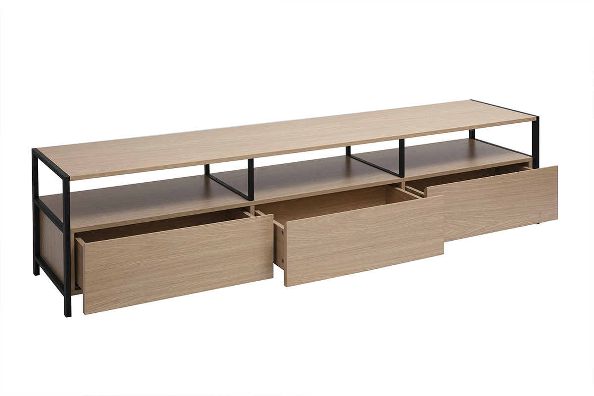 Helles Eichenfernsehmbel mit schwarzem Metallrahmen, offene Schubladen, 3/4 Ansicht.