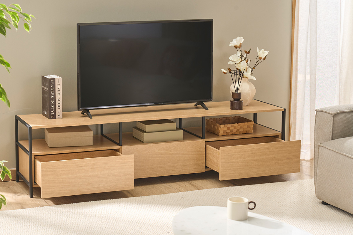 Fernsehm�bel in heller Eichenholzoptik und schwarzem Metall L180 cm MAXENCE