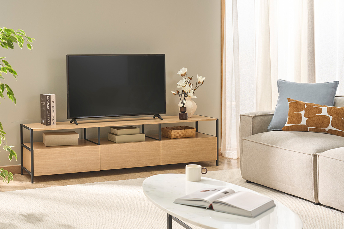 Fernsehm�bel in heller Eichenholzoptik und schwarzem Metall L180 cm MAXENCE