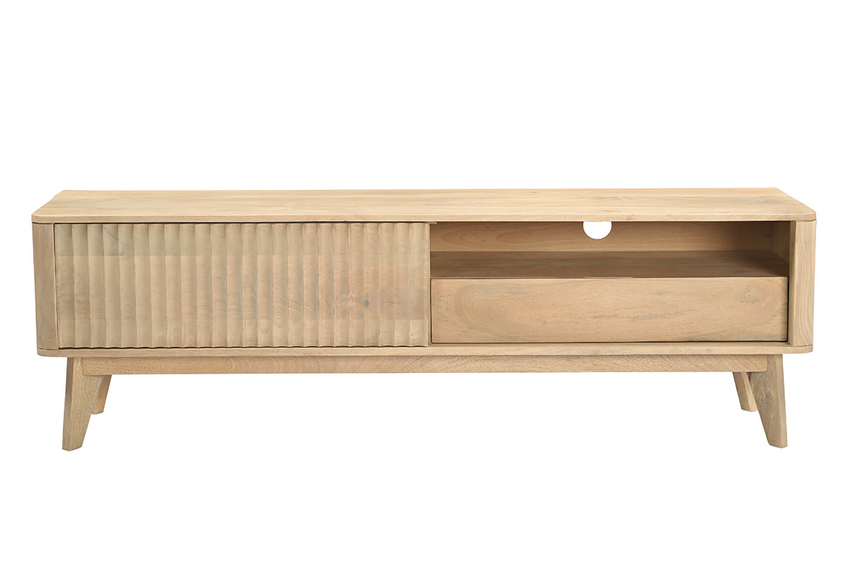 TV-M�bel aus hellem massivem Mangoholz mit Schiebet�r, Vorderansicht, L160 cm