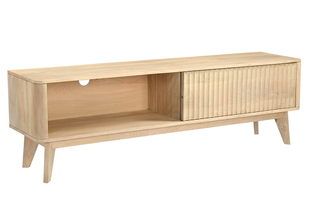 TV-M�bel aus hellem Mangoholz massiv mit Schiebet�r, 3/4-Ansicht.