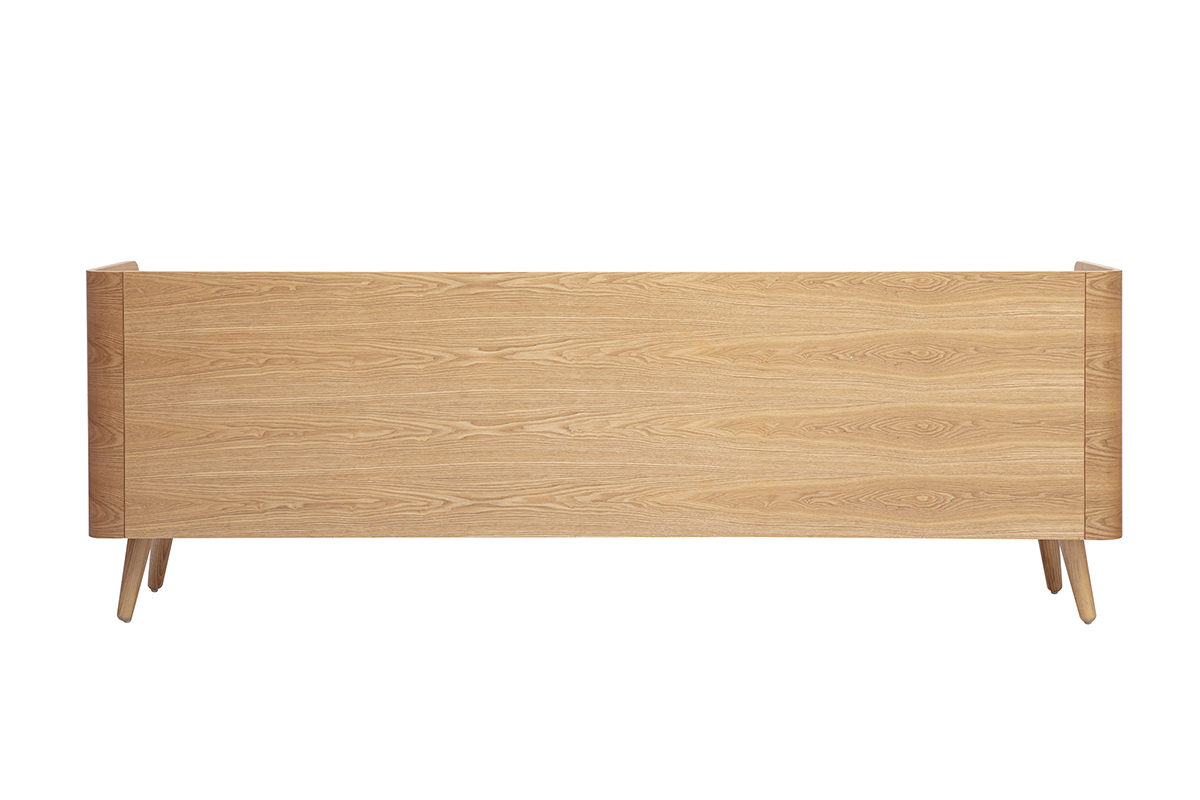 TV-M�bel aus hellem Eschenholz und Rattan-Geflecht, R�ckansicht, vier konische Beine.