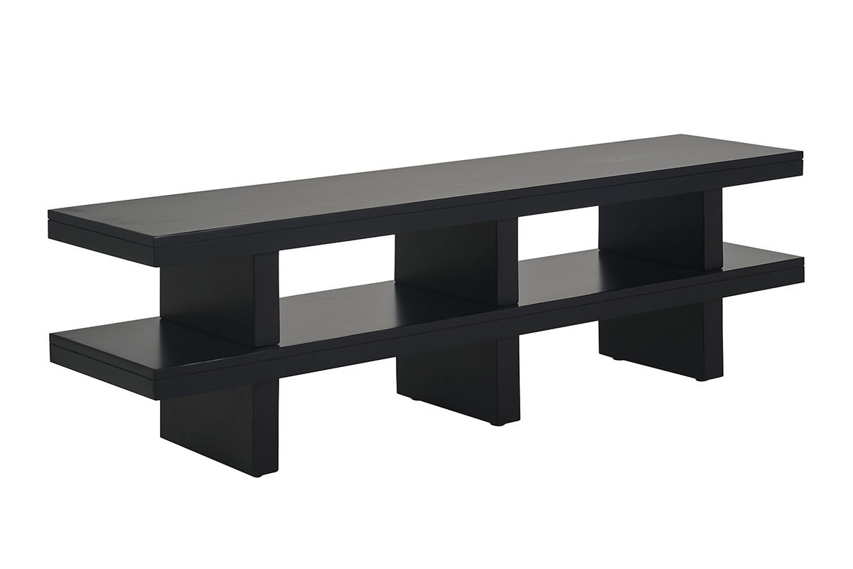 TV-M�bel aus schwarzem Massivholz mit zwei Ablagefl�chen, 3/4-Ansicht, minimalistisches Design.