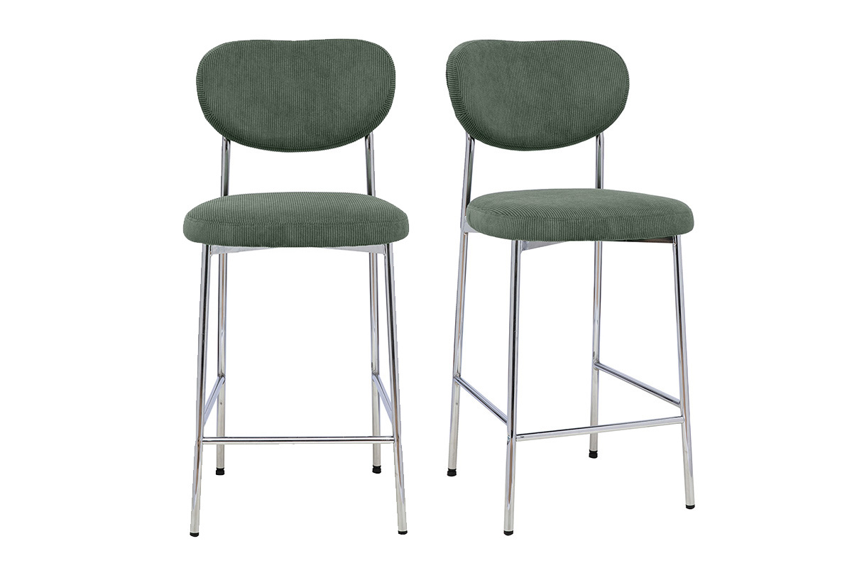 Feste Barhocker aus gr�nem Cord-Samt, Vorderansicht, H65 cm, 2er-Set.