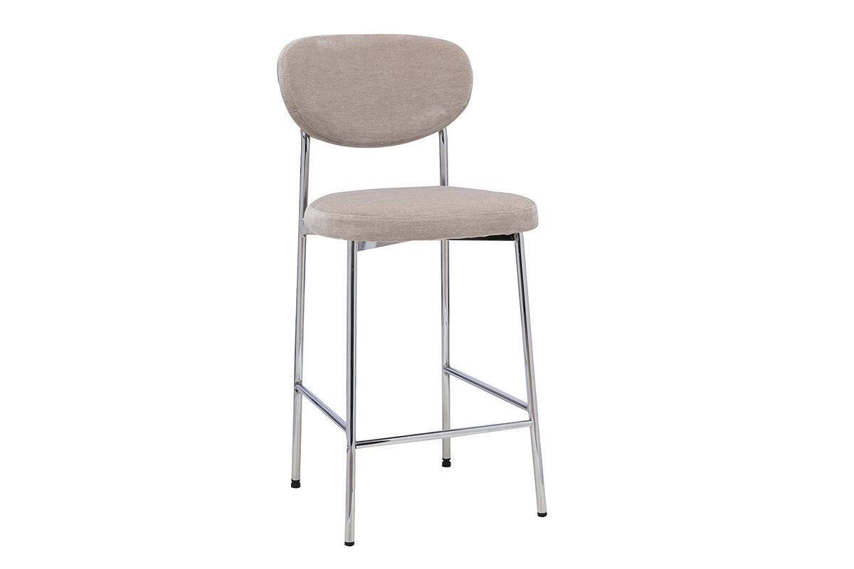 Fester Barhocker aus Samt-Optik-Stoff in Taupe, 3/4-Ansicht, H65 cm, Gestell aus schwarzem Metall.