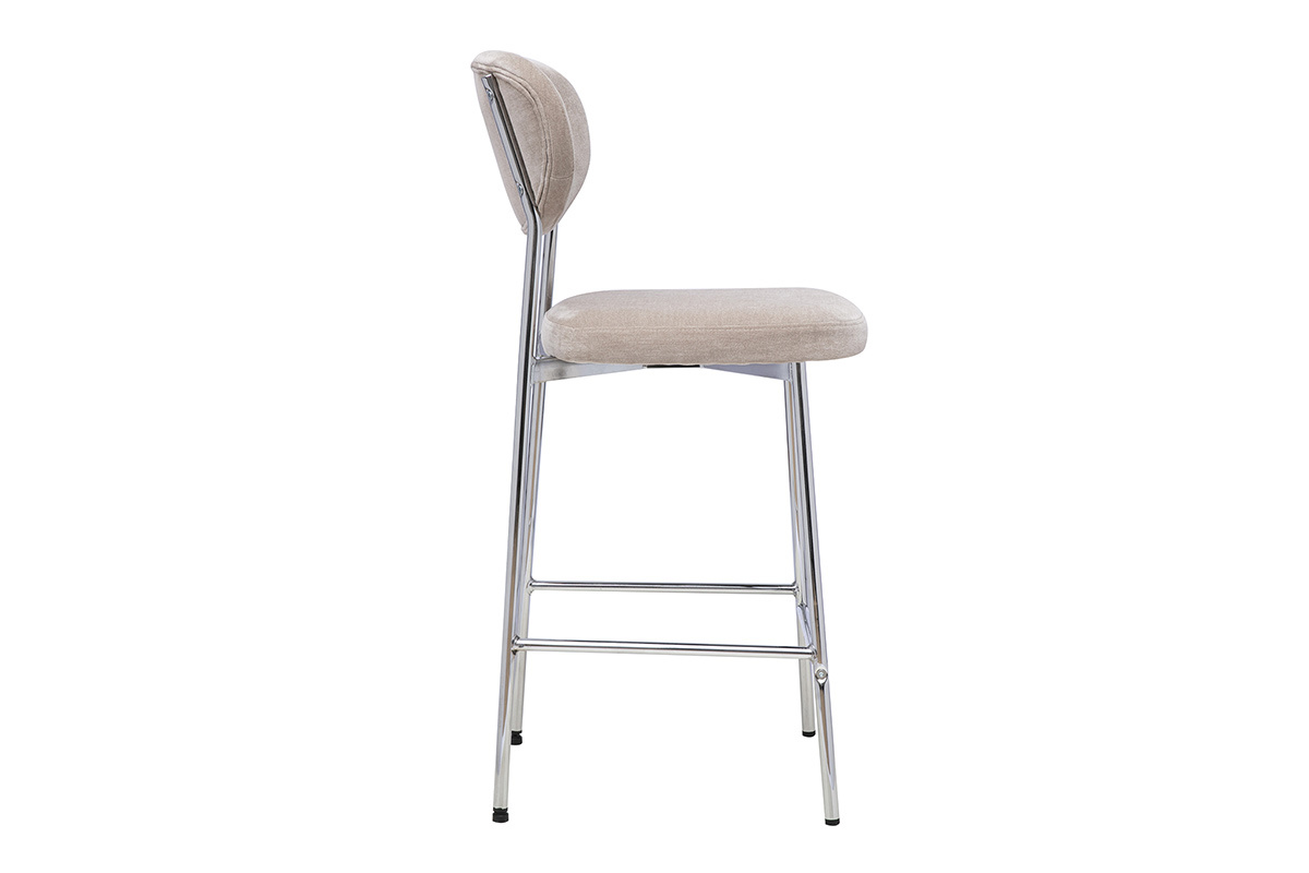 Fester Barhocker aus Stoff in Taupe mit Samteffekt, Seitenansicht, H65 cm und schwarzes Metallgestell.