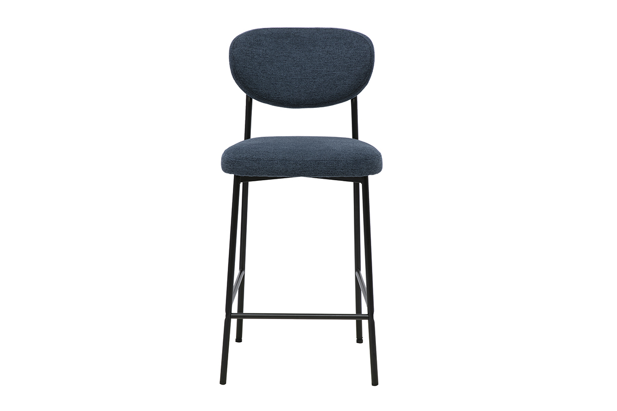Fester Barhocker aus dunkelblauem Stoff mit schwarzem Metallgestell, Frontansicht, H65 cm.