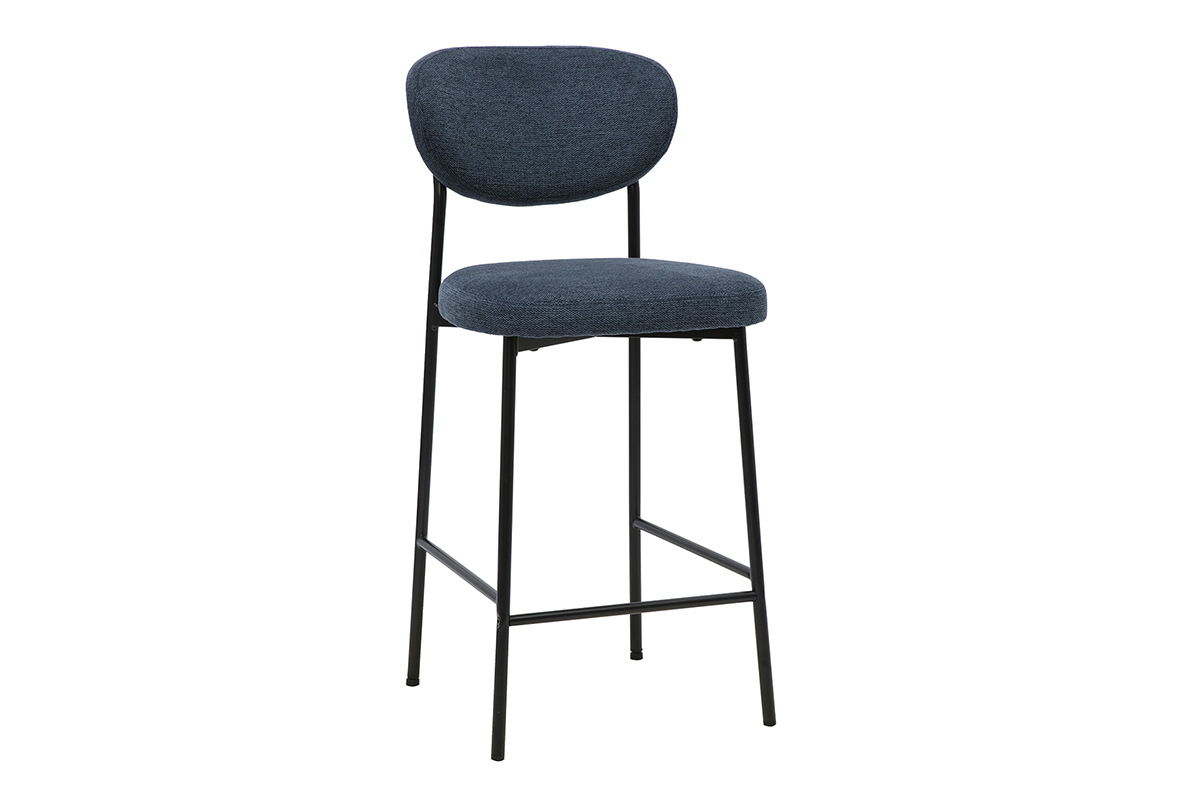 Fester Barhocker aus strukturiertem, dunkelblauem Samtstoff mit schwarzem Metallgestell, H65 cm.