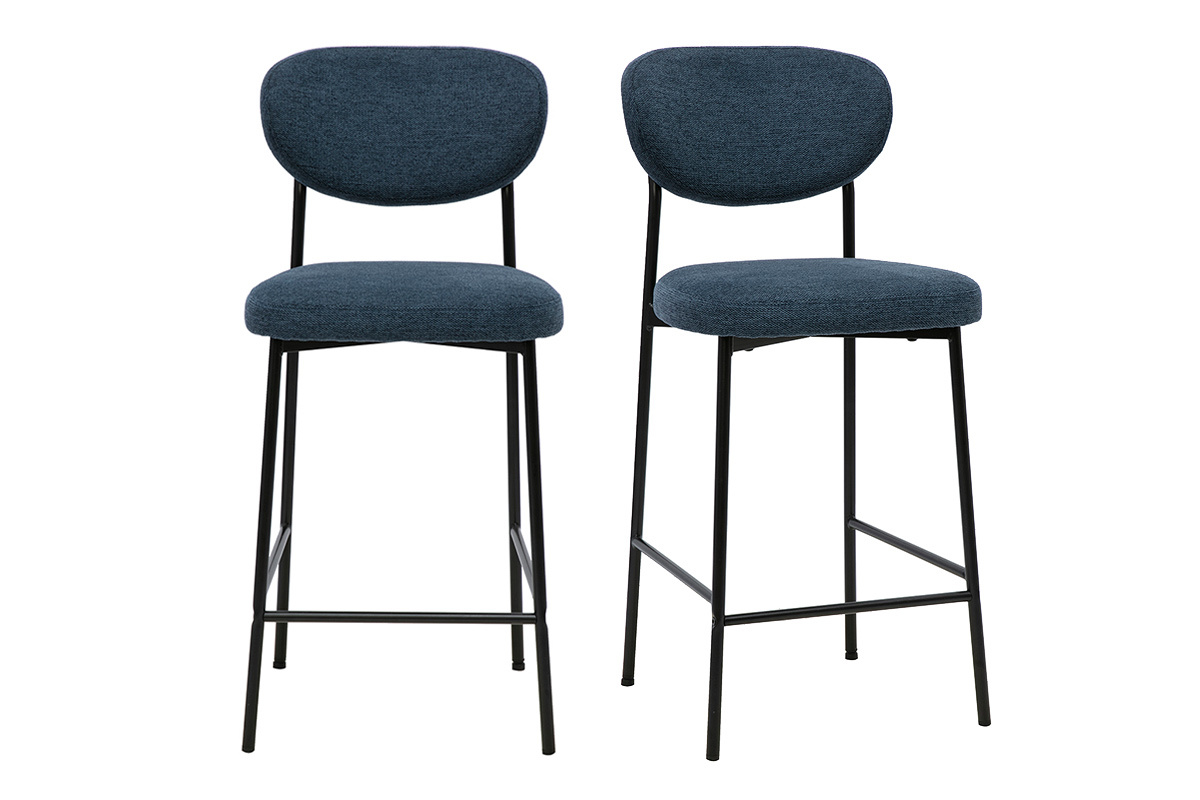Set aus 2 festen Barhockern aus Stoff in dunkelblauer Samtoptik, schwarzes Metallgestell, H65 cm