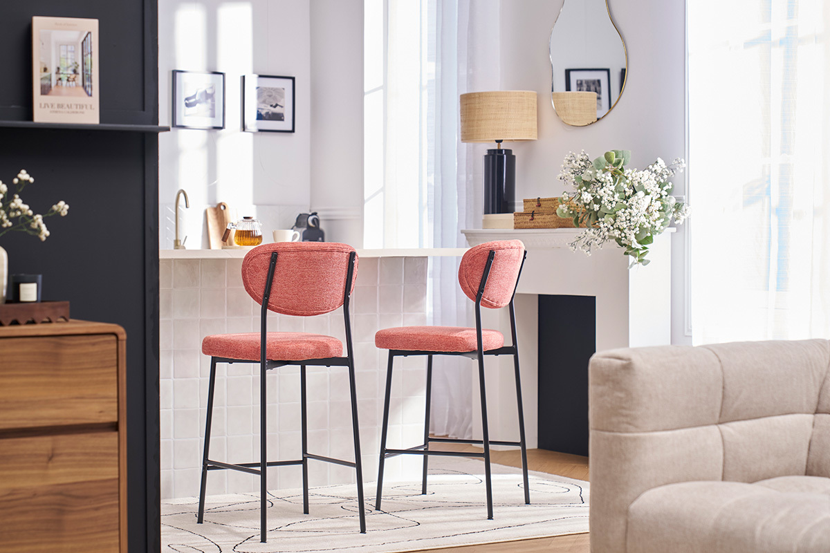 Feste Barhocker aus terrakottafarbenem Textur-Veloursstoff H65 cm (2er-Set) BREKA