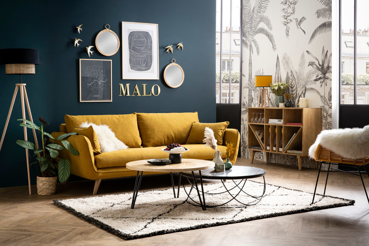 Feststehendes 3-Sitzer-Sofa in Pfauenblau CREEP