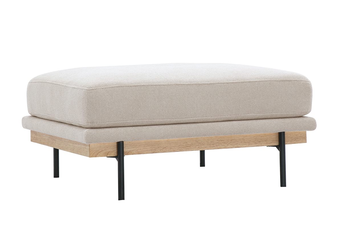 Beige Chenille Stoff und schwarzes Metall Fu�st�tze Pouf, 3/4 Ansicht.