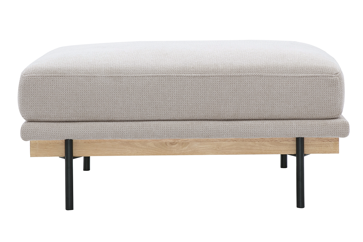 Pouf Fu�st�tze aus beigem Chenille-Stoff, Vorderansicht, Beine aus schwarzem Metall und Holz.