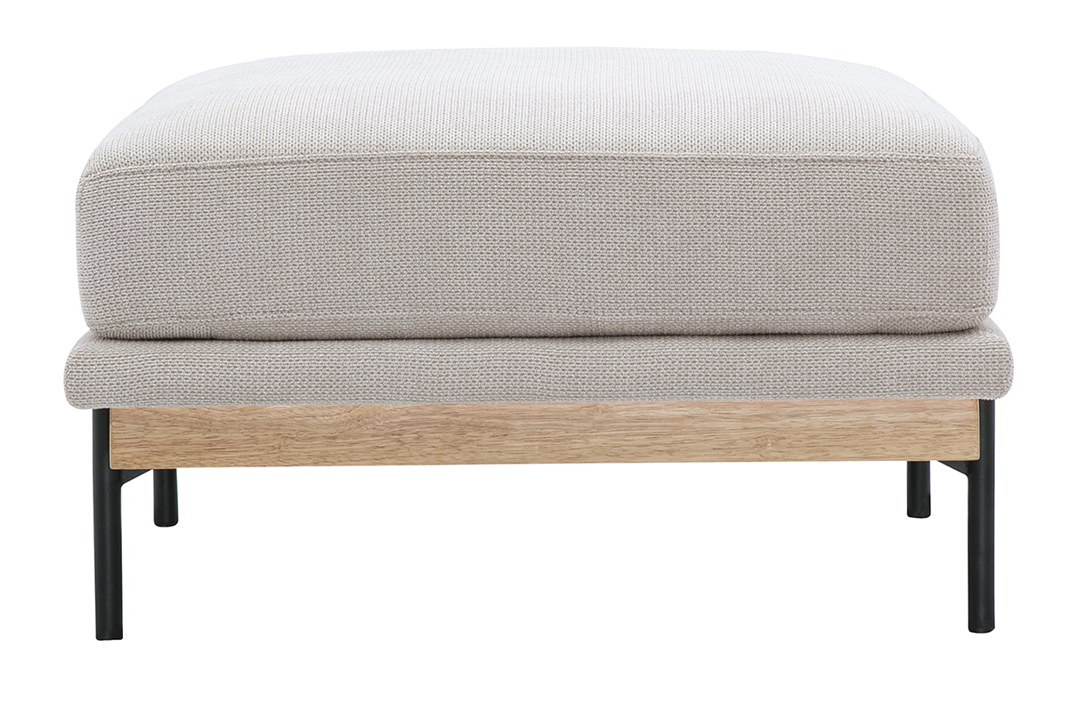 Beige Chenille-Stoff und schwarzes Metall Fu�hocker, Seitenansicht.