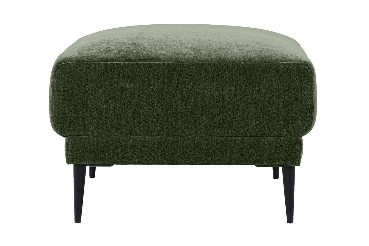 Hocker als Fu�ablage aus Stoff mit Samteffekt in Khaki-Gr�n, Seitenansicht mit schwarzen Metallbeinen.