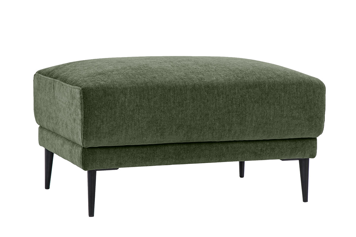 Hocker als Fu�st�tze aus Stoff in Samtoptik in Khaki-Gr�n mit schwarzen Metallf��en, Dreiviertelansicht.