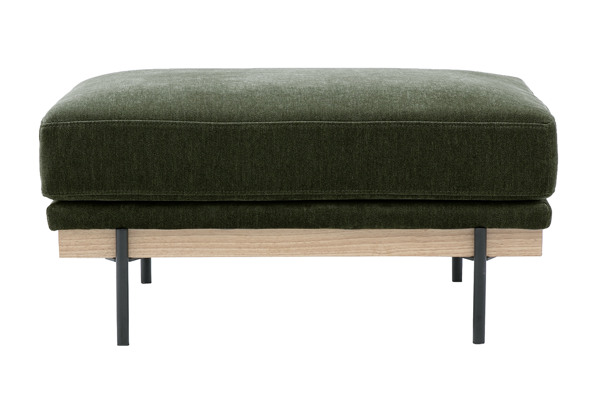 Frontansicht des TODD-Fu�hockers aus Stoff in gr�nem Khaki-Samtoptik mit schwarzen Metallf��en.