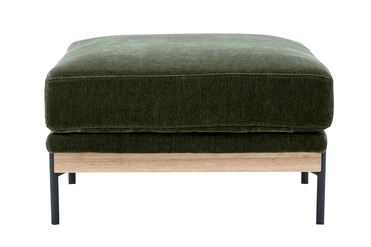 Hocker als Fu�st�tze aus Stoff mit Samteffekt in Khaki-Gr�n, seitlich gesehen, mit Holzsockel und schwarzem Metall.