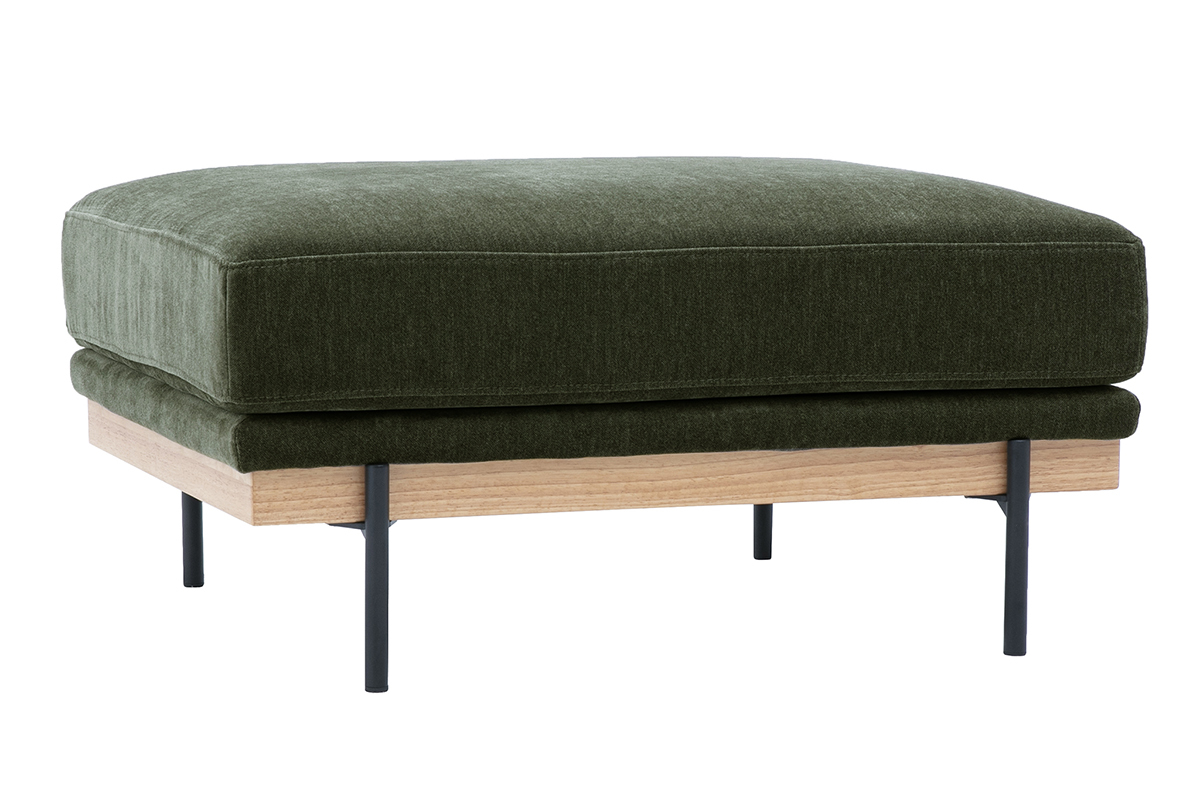 Gr�ner kaki Fu�hocker aus Stoff in Samtoptik mit Holz- und Metallgestell, 3/4-Ansicht