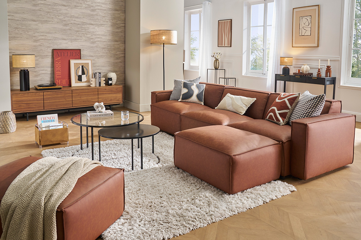 Fu�hocker aus Stoff in texturiertem Beige Samteffekt SPLIT