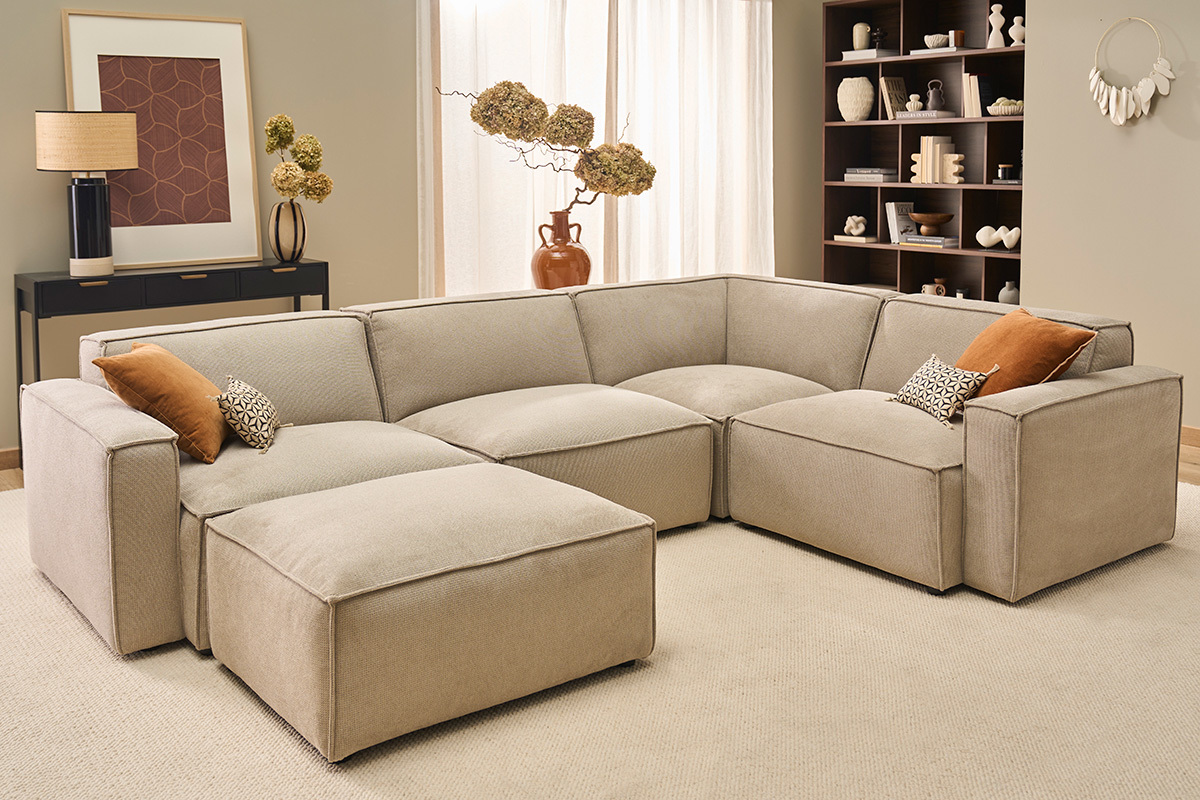 Fu�hocker aus Stoff in texturiertem Beige Samteffekt SPLIT