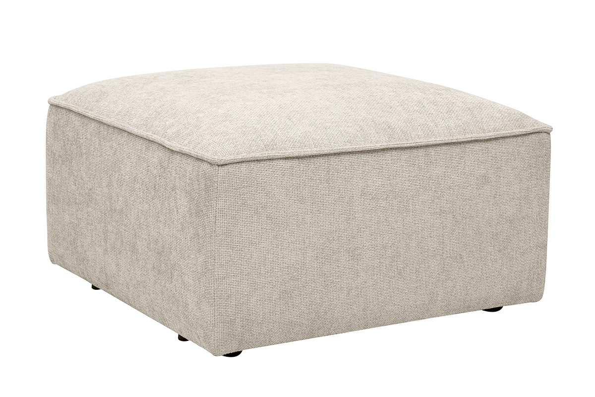 Beiger quadratischer Hocker aus Stoff mit texturierter Samtoptik, 3/4-Ansicht