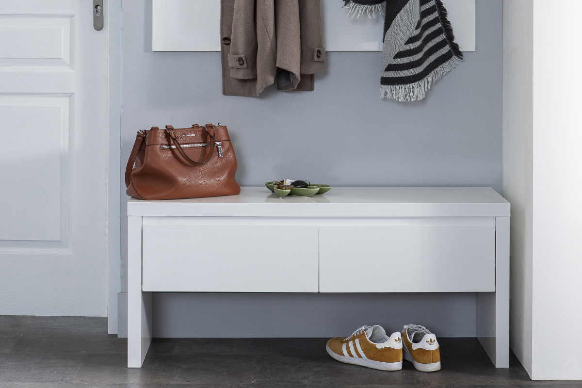 Garderobenbank wei� lackiert mit Stauraum WELCOME