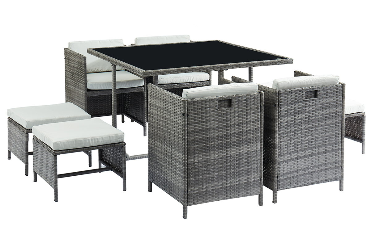 Garten-Wohnzimmer aus grauem Harzgeflecht mit Tisch, Sesseln und Sitzscken CORDOBA