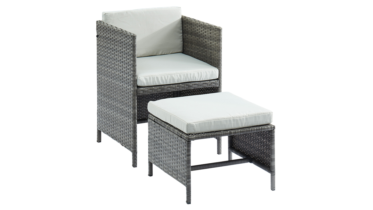 Garten-Wohnzimmer aus grauem Harzgeflecht mit Tisch, Sesseln und Sitzscken CORDOBA
