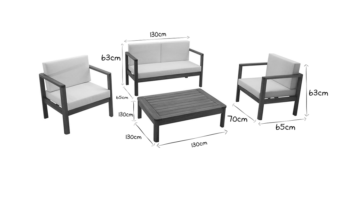 Gartenmbel Massivholz und beigefarbene Kissen fr 4 Personen L190 cm AKIS