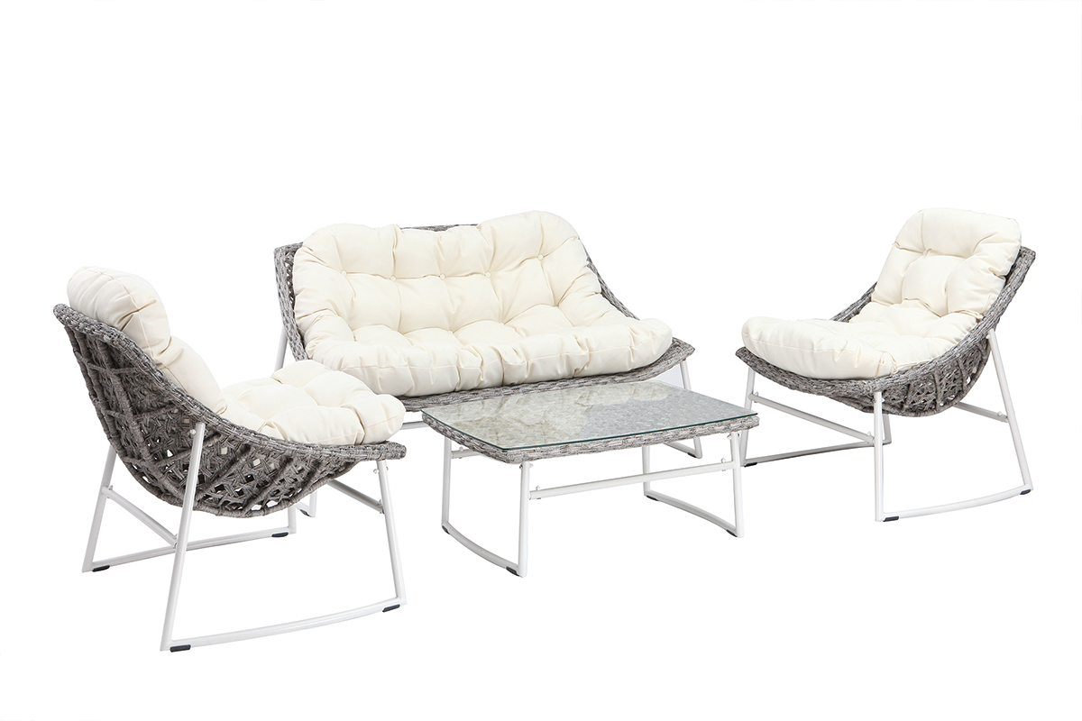 Gartenmbelgarnitur aus Rattan Grau und Wei mit Couchtisch - COMFY